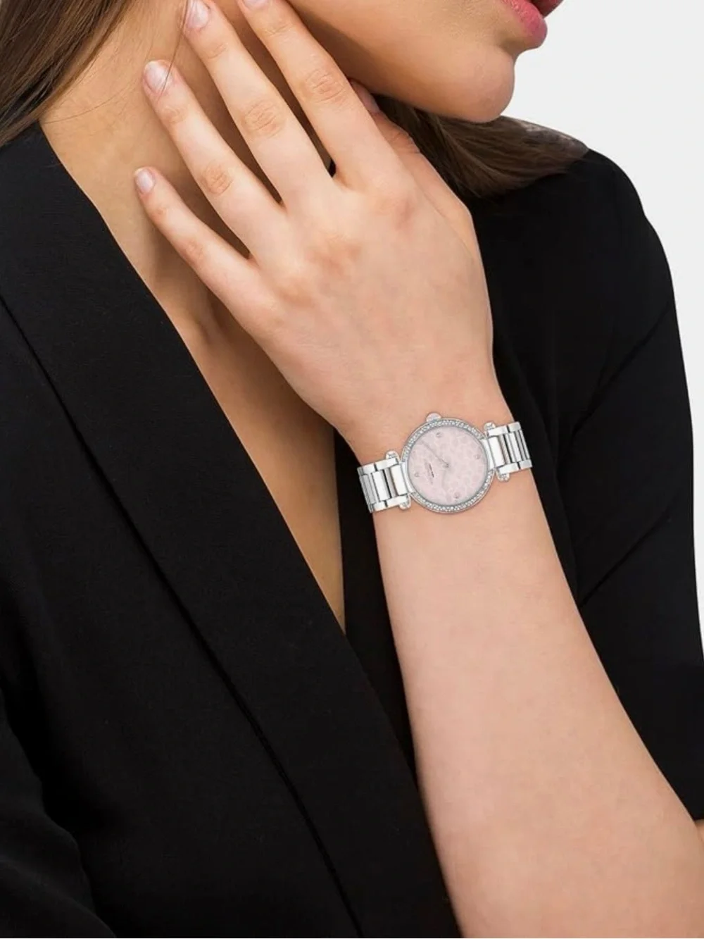 Coach Silver Bracelet Watch with Pale Pink Logo Dial